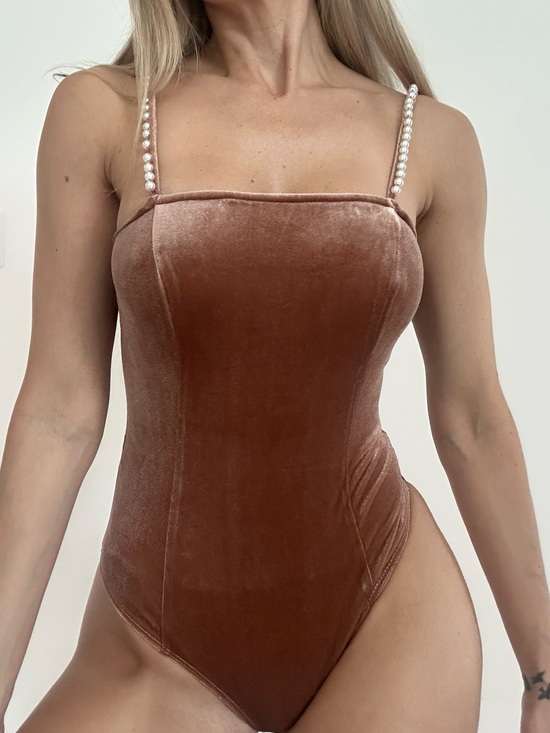 Tops - Velvet Pearl-Strap Bodysuit in Rust